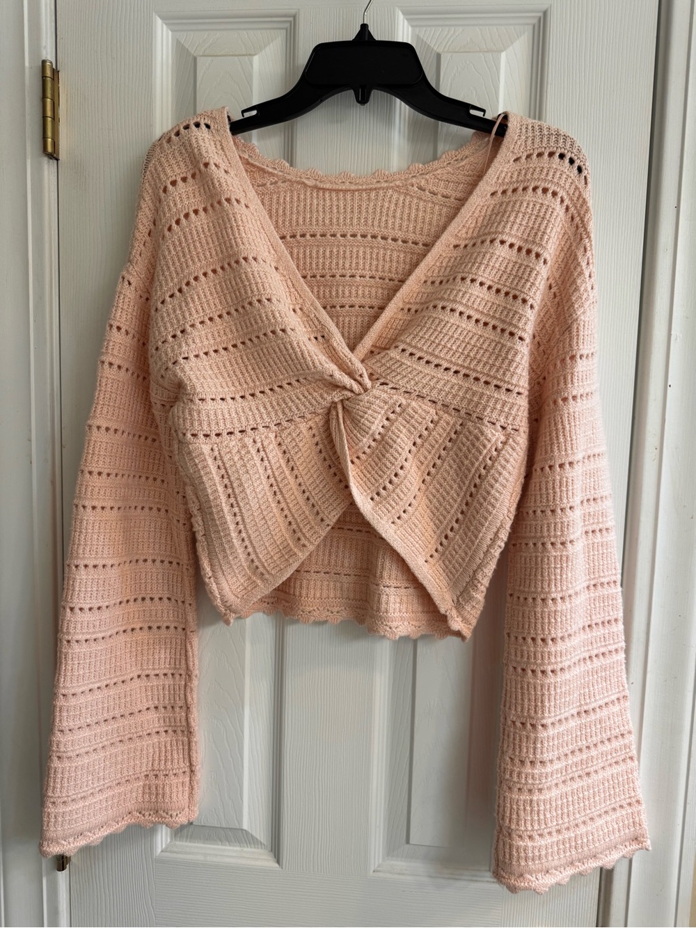 New! Pink Rose Peach Knit V-Neck Sweater with Front Knot